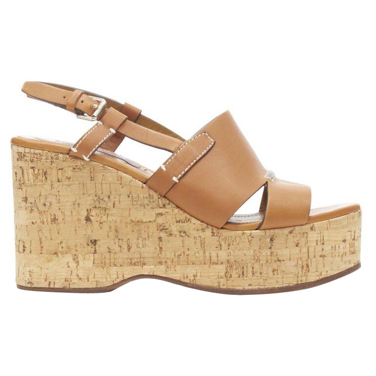 RALPH LAUREN Purple Collection tan brown leather cork wedge platform EU37.5 For Sale