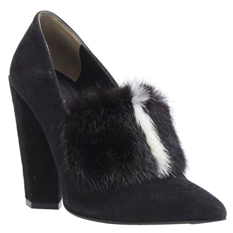FENDI escarpins à talons épais en daim noir et blanc avec bouts avant en fourrure de vison EU37,5