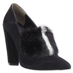 FENDI black suede black white mink fur front point toe chunky heel pump EU37.5