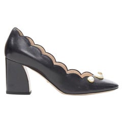 GUCCI GG Pearl black leather scalloped edge round toe chunky heel pump EU37.5