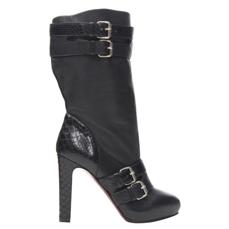 CHRISTIAN LOUBOUTIN Loubi Bike black scaled leather buckle platform boot EU37 For Sale