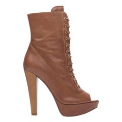 MIU MIU brown leather peep toe platform laced up high heel bootie EU37.5