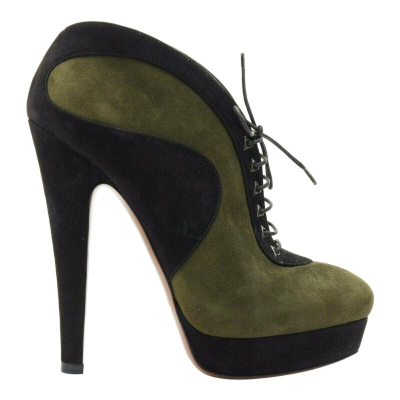 ALAIA bottines en cuir velours vert noir avec lacets et plateforme EU37