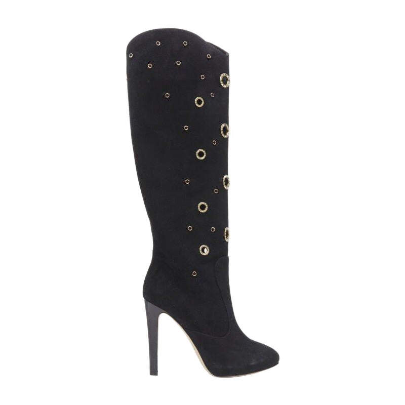GIUSEPPE ZANOTTI Schwarzes Wildleder Gold Kristall Öse hoher Absatz hohe Stiefel EU37