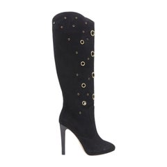 GIUSEPPE ZANOTTI black suede gold crystal eyelet high heel tall boots EU37