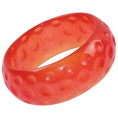 Bakelite Bracelet Bangle Transparent Pink Watermelon Color Deep Dots Carving 6