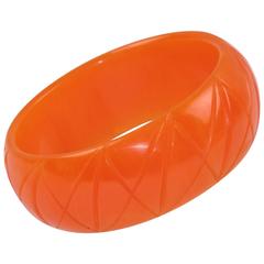 Papaya Orange Marble Bakelite Bracelet Bangle Geometric Striped Carving 3