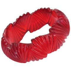 Bakelite Bracelet Bangle Transparent Candy Apple Red Color Deep Fan Carving 1