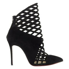 CHRISTIAN LOUBOUTIN Mrs Bouglione black suede mesh cut out pointy bootie EU35