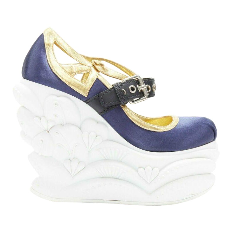 rare MIU MIU blue satin gold trim punk strap Barocco platform wedge EU34 For Sale