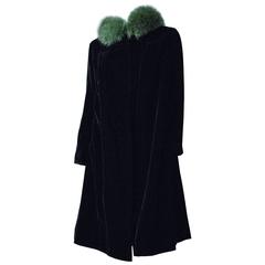 Vintage 60s Dark Green Velvet Coat with Green Fox Fur Trim