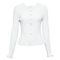 PROENZA SCHOULER white fabric button ribbed fringe trim cardigan M