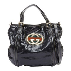 GUCCI Vintage Britt black patent gold GG logo webbing satchel tote bag