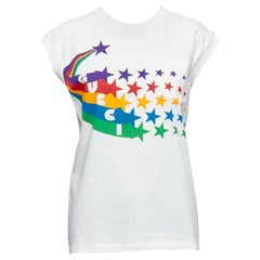 GUCCI cremefarbenes Baumwolltop mit Regenbogensternen GG-Print und Cap-Ärmel XS