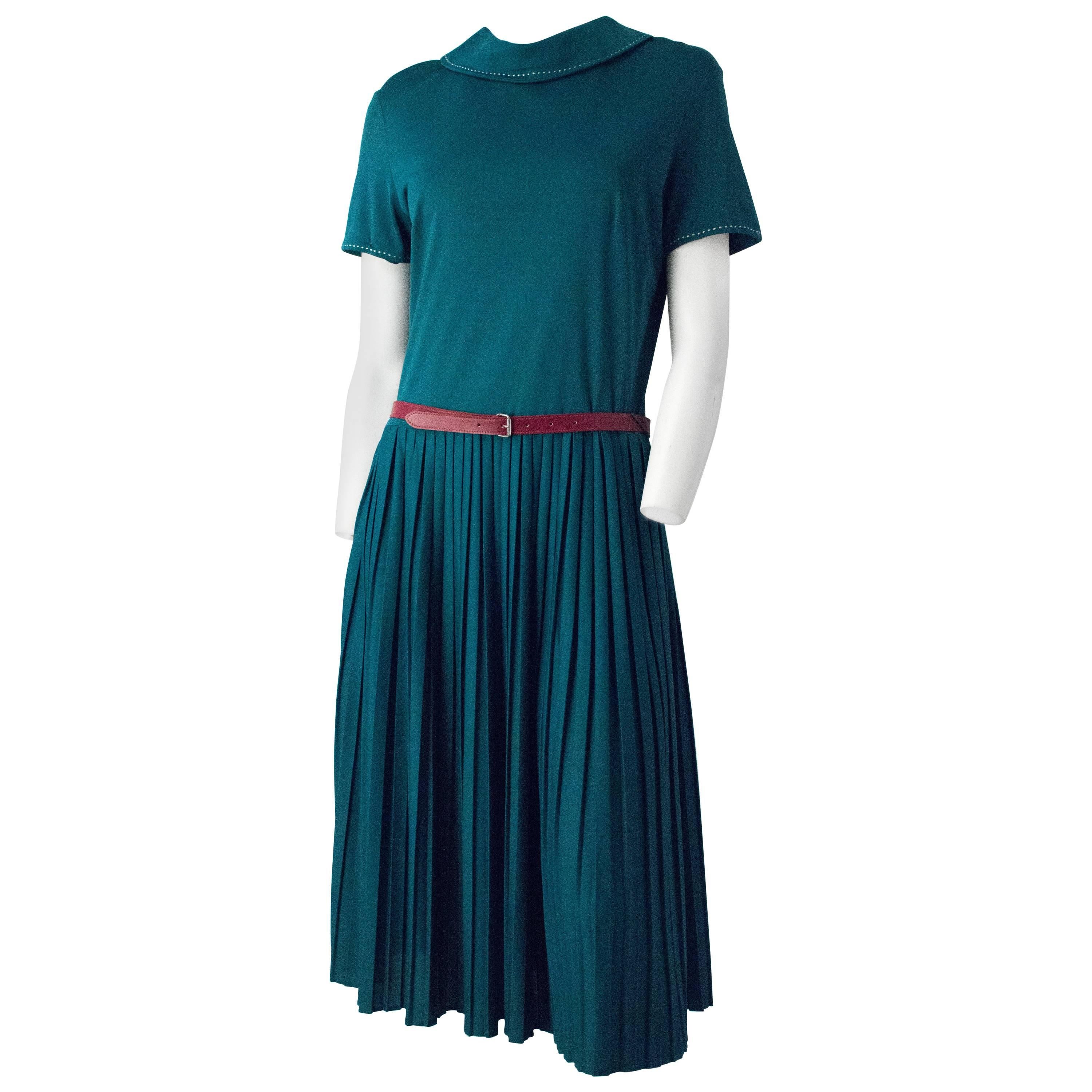 60s Teal Drop Waist Knife Pleat Dress