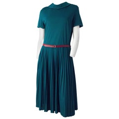 Vintage 60s Teal Drop Waist Knife Pleat Dress