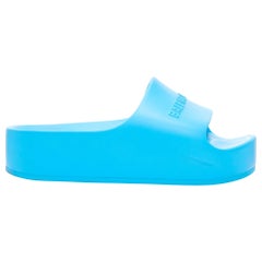 BALENCIAGA sky blue logo embossed rubber platform chunky slides EU38