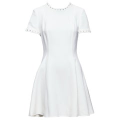 VALENTINO cream crepe green crystal trim fit flared dress IT40 S