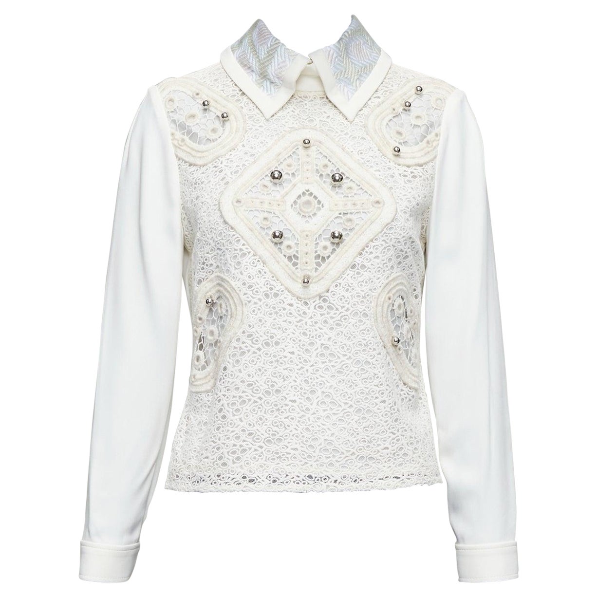 PETER PILOTTO cream wool blend lace dome beaded blouse UK8 S For Sale