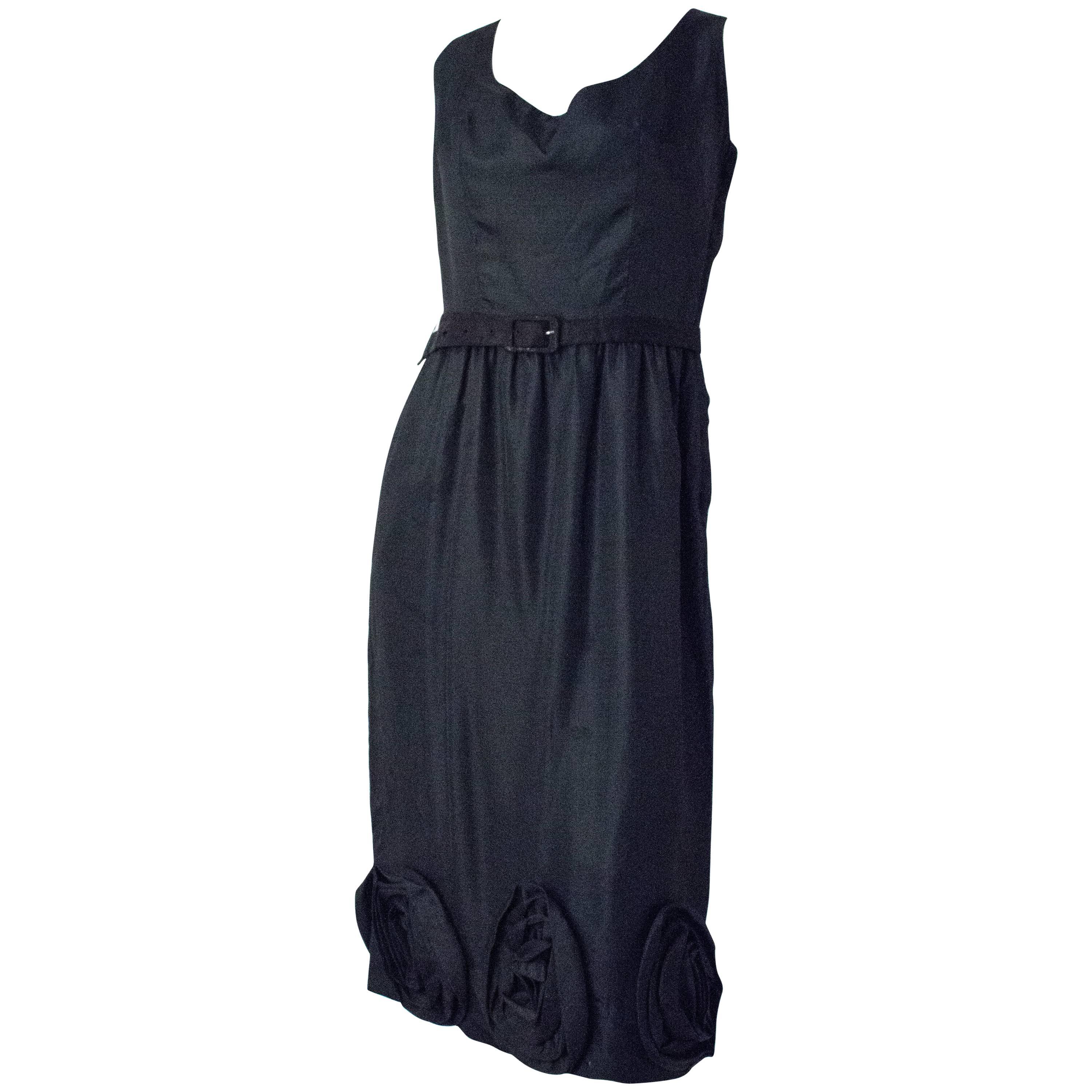 50s Black Silk Rose Dress For Sale