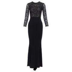 MICHAEL KORS COLLECTION black lace overlay top crop sleeve long gown US2 S