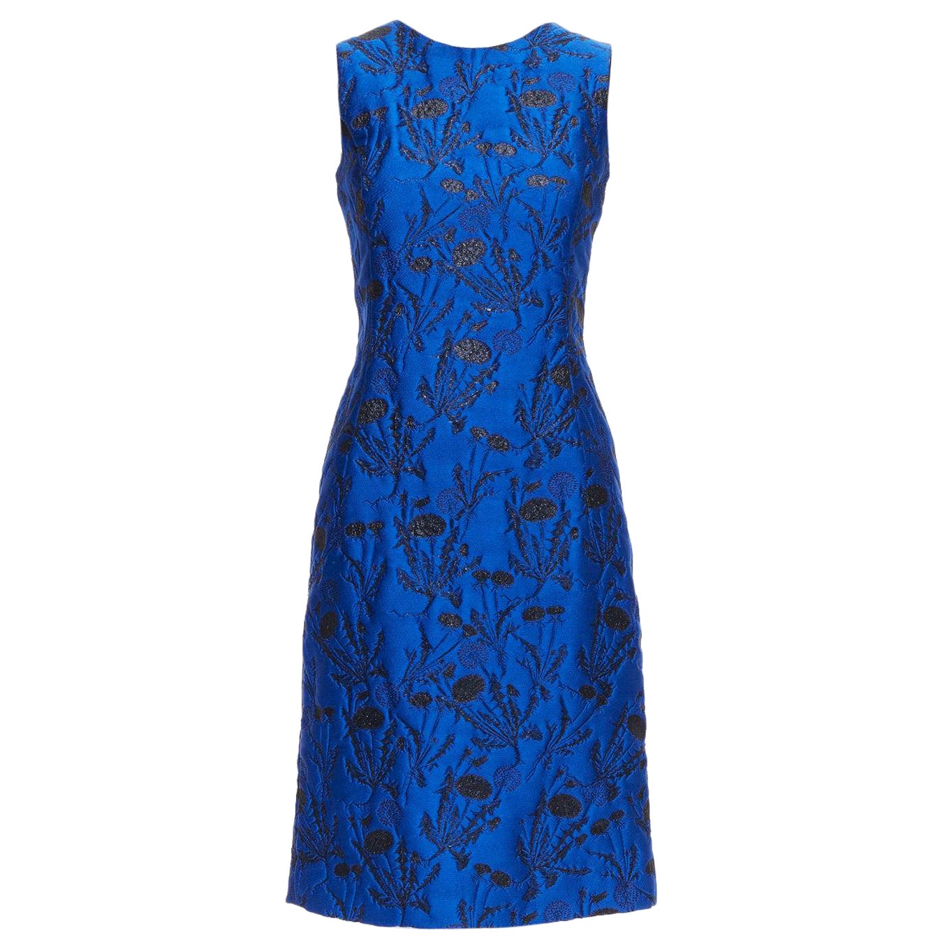 OSCAR DE LA RENTA blue black lurex floral cloque midi dress US0 XS For Sale