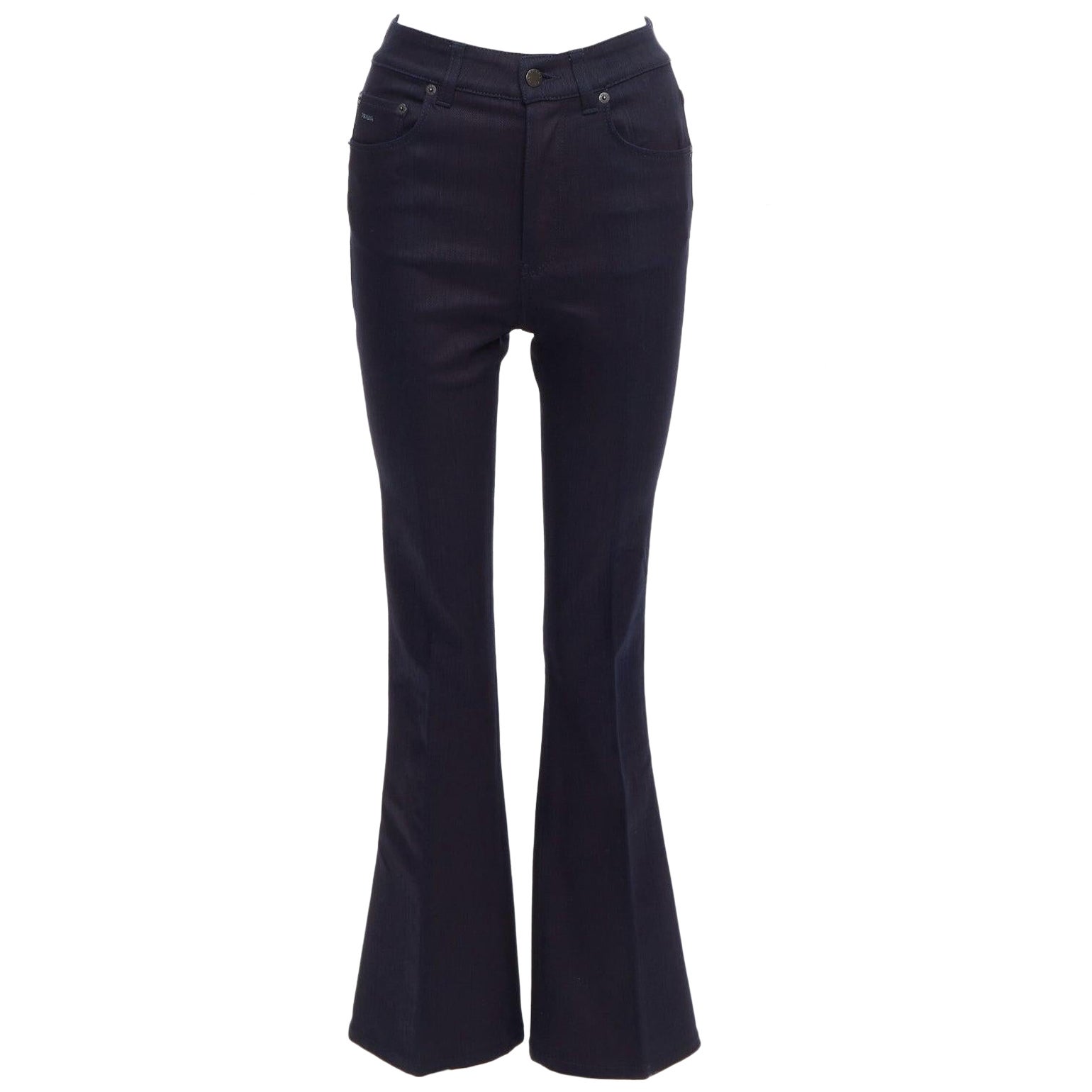 PRADA 2008 indigo blue cotton blend logo high rise fit flare jeans 25" For Sale