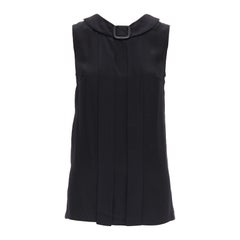 PRADA 2011 nero 100% seta logo plastica fibbia collo plissettato top IT38 XS