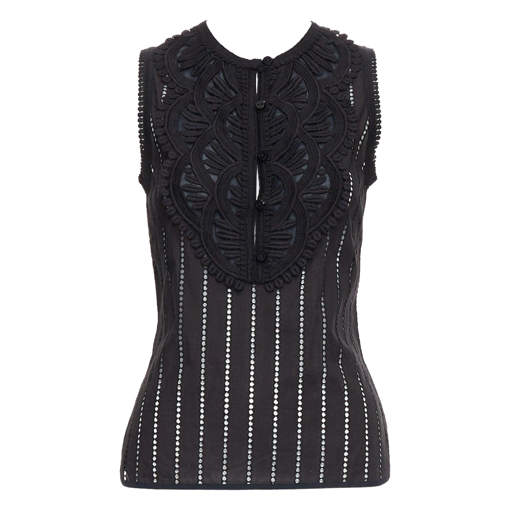ANDREW GN black eyelet lace lattice geometric buttons sleeveless top FR38 M