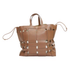 BURBERRY Foster brown leather gold logo open weave large tote bag