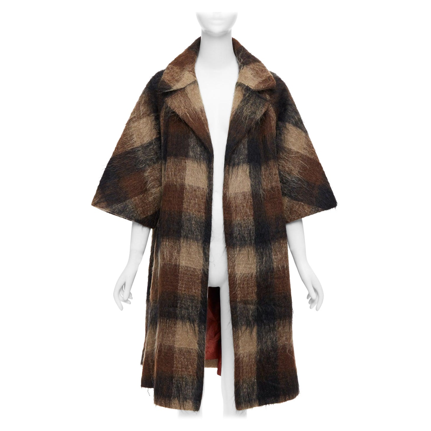 LILLI ANN Vintage brown checked mohair wide sleeve long overcoat For Sale