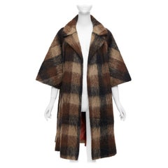LILLI ANN Vintage Manteau long à manches larges en mohair à carreaux marron