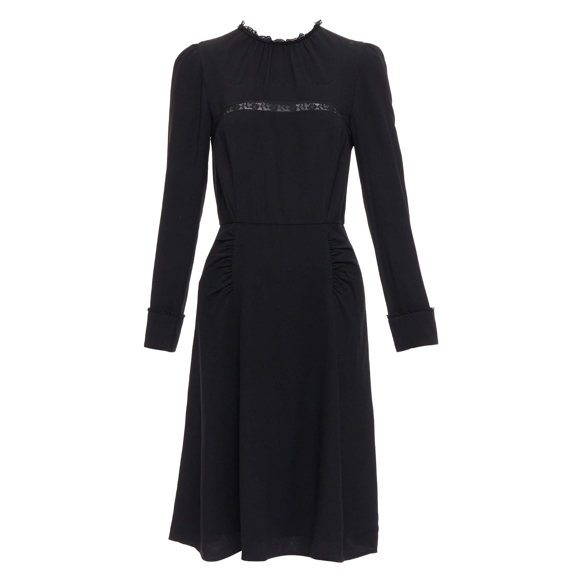 PRADA 2016 black sheer lace applique pleated sides fit flare dress IT40 S For Sale