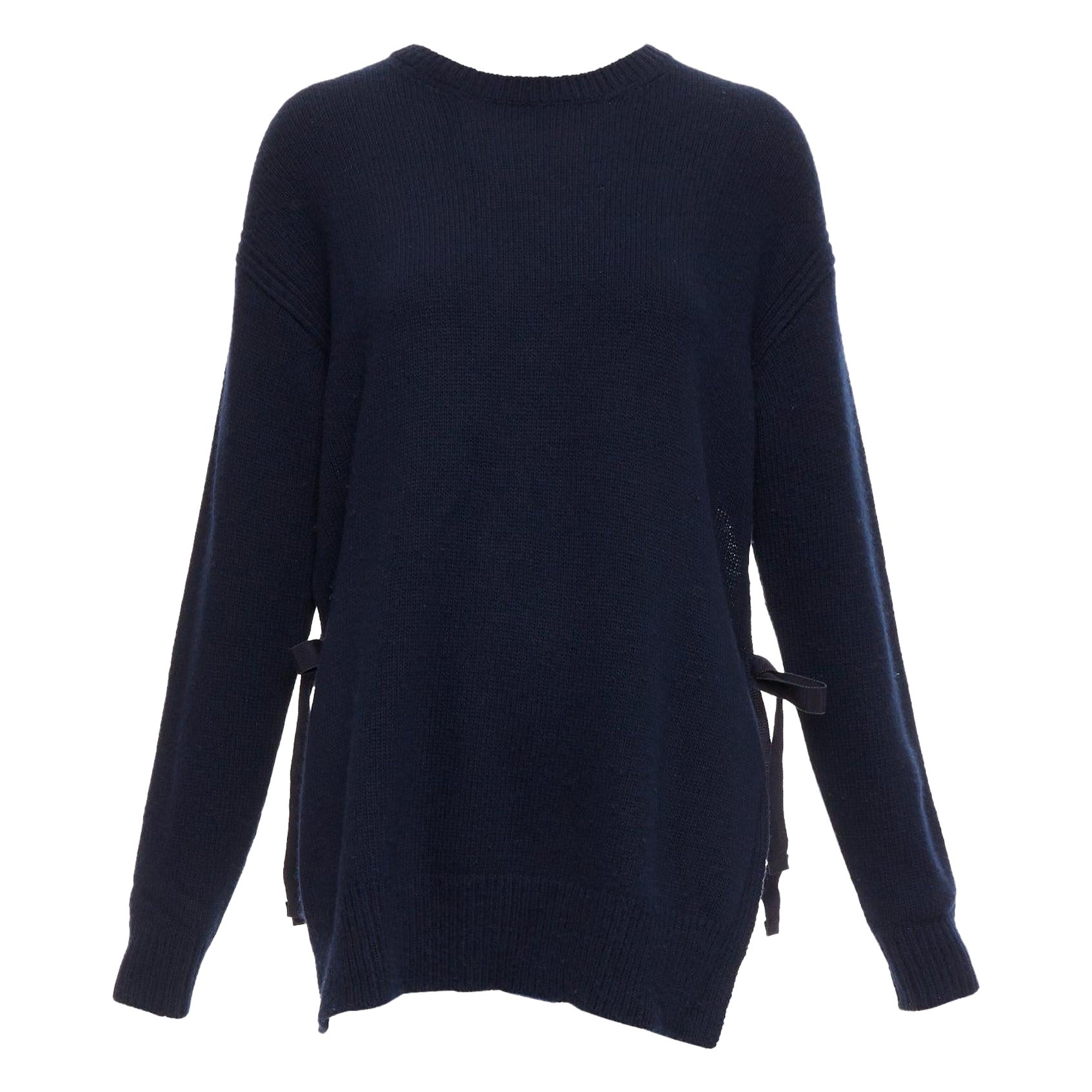 PRADA 2016 navy wool cashmere ribbon tie side crew neck sweater IT42 M For Sale