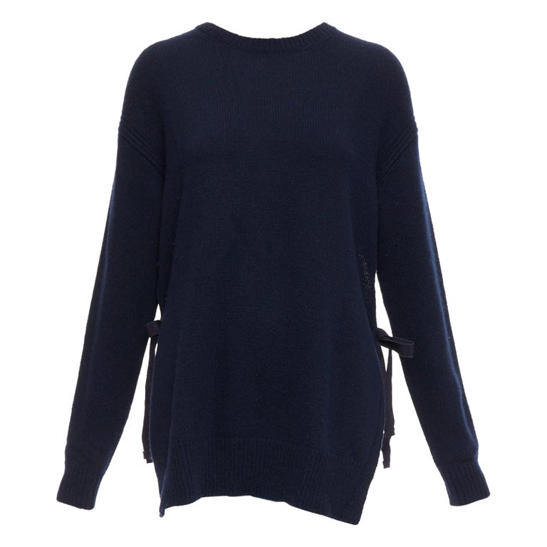 PRADA 2016 navy wool cashmere ribbon tie side crew neck sweater  