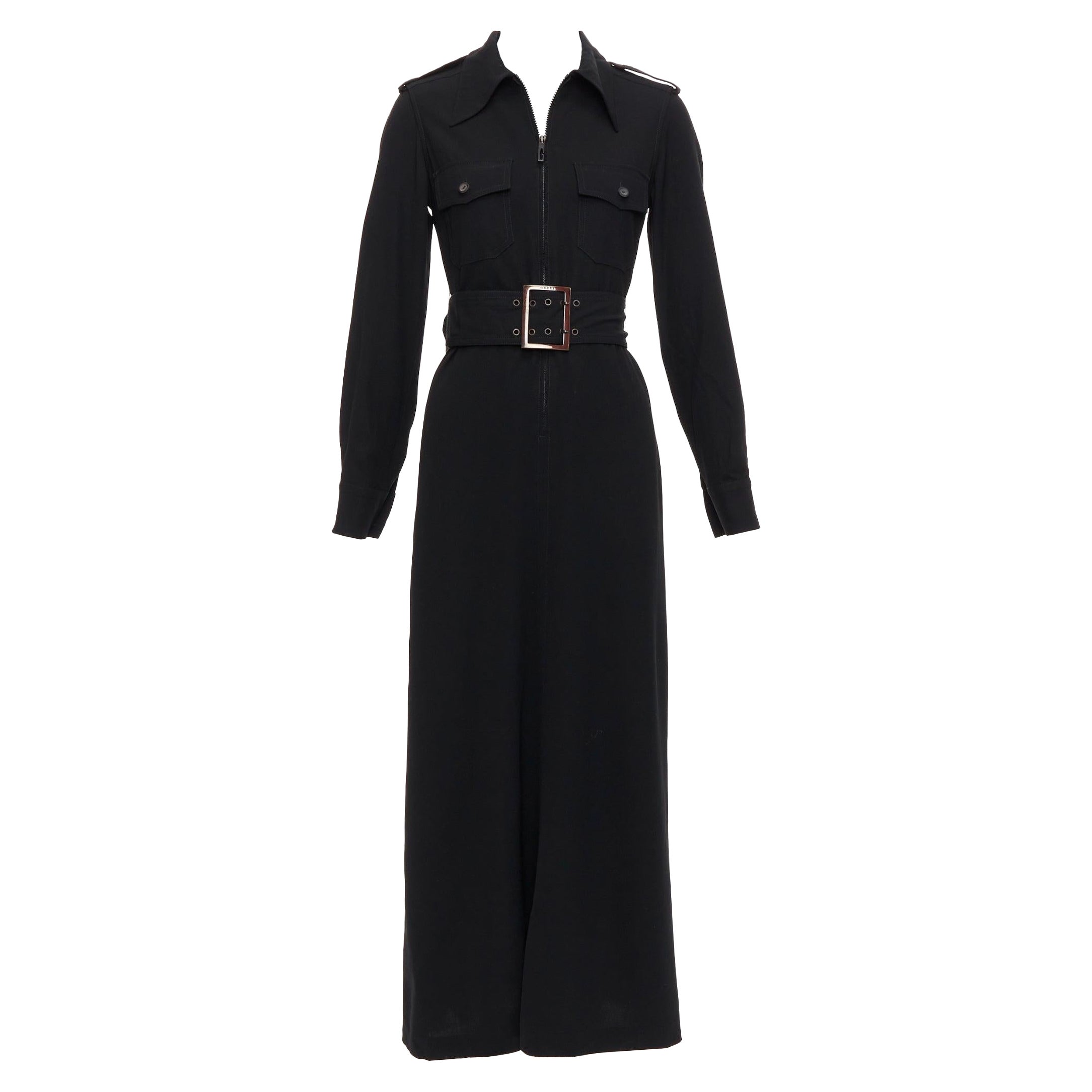 GUCCI Tom Ford 1996 black virgin wool belted military safari dress For Sale