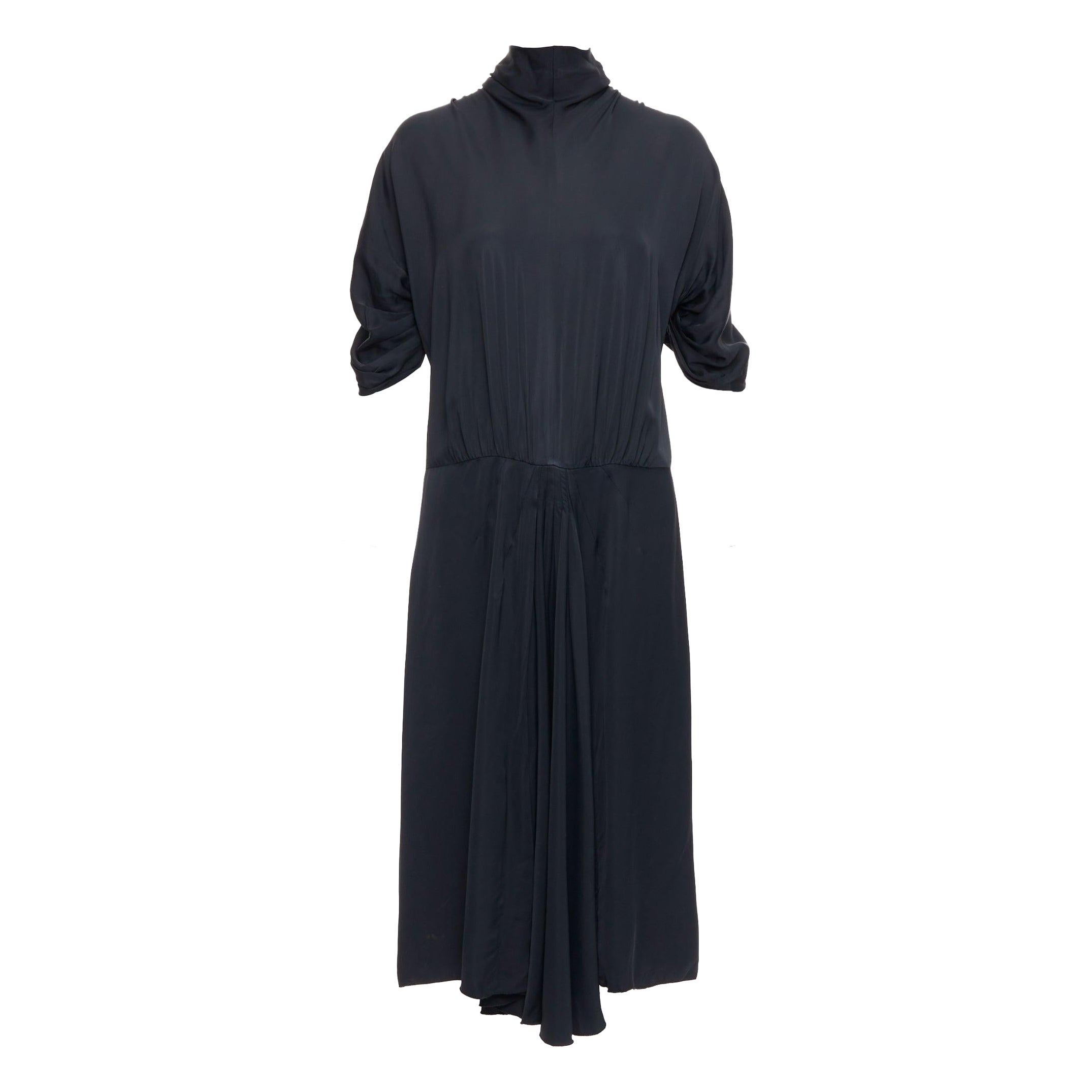 PRADA 2006 black viscose box pleat front ruched sleeves midi dress For Sale
