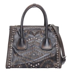 rare PRADA Vela black nylon silver punk studs straps logo plate crossbody bag