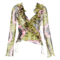 CHRISTIAN DIOR Galliano Vintage 2002 green pink silk ruffle wrap blouse FR36 S