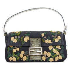 FENDI Baguette Vintage black yellow beaded flower scaled leather underarm bag