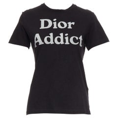 CHRISTIAN DIOR Addict black cotton linen grey speckle logo print tshirt XS