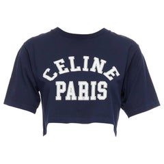 CELINE azul marino blanco gran varsity logo París boxy camiseta crop cuello redondo XS