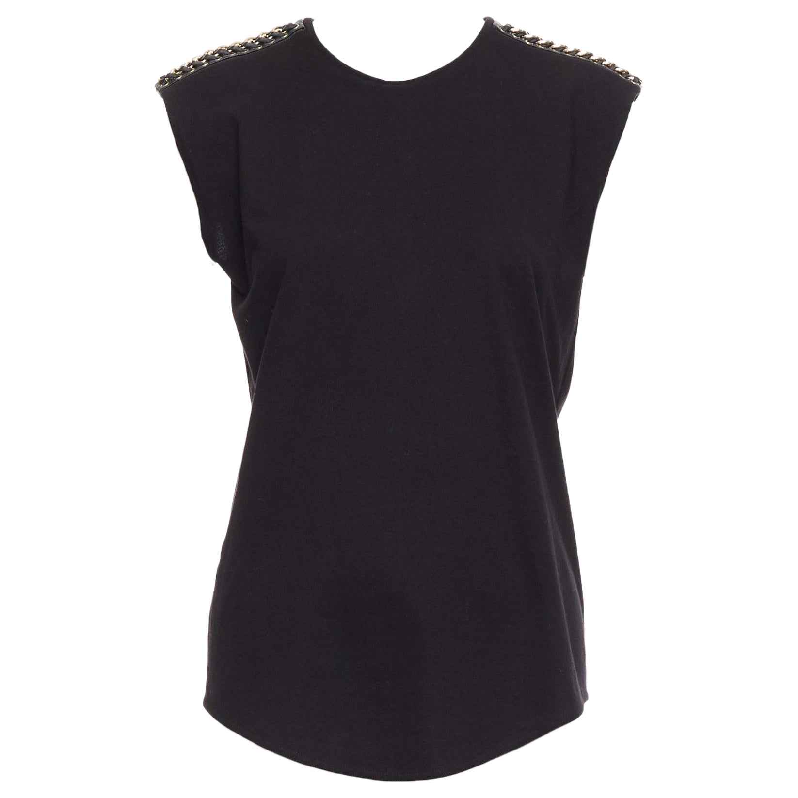 BALMAIN black metal chain lamb leather trim cotton tank top FR40 L For Sale