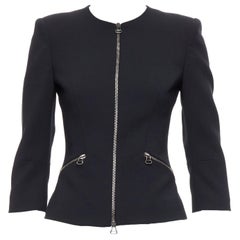 PIERRE BALMAIN black virgin wool blend silver zip front shoulder jacket FR38 M
