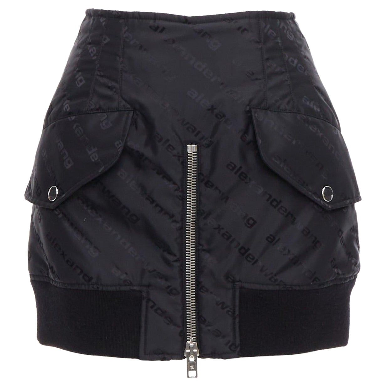ALEXANDER WANG black logo print deconstructed bomber nylon mini skirt US0 XS For Sale