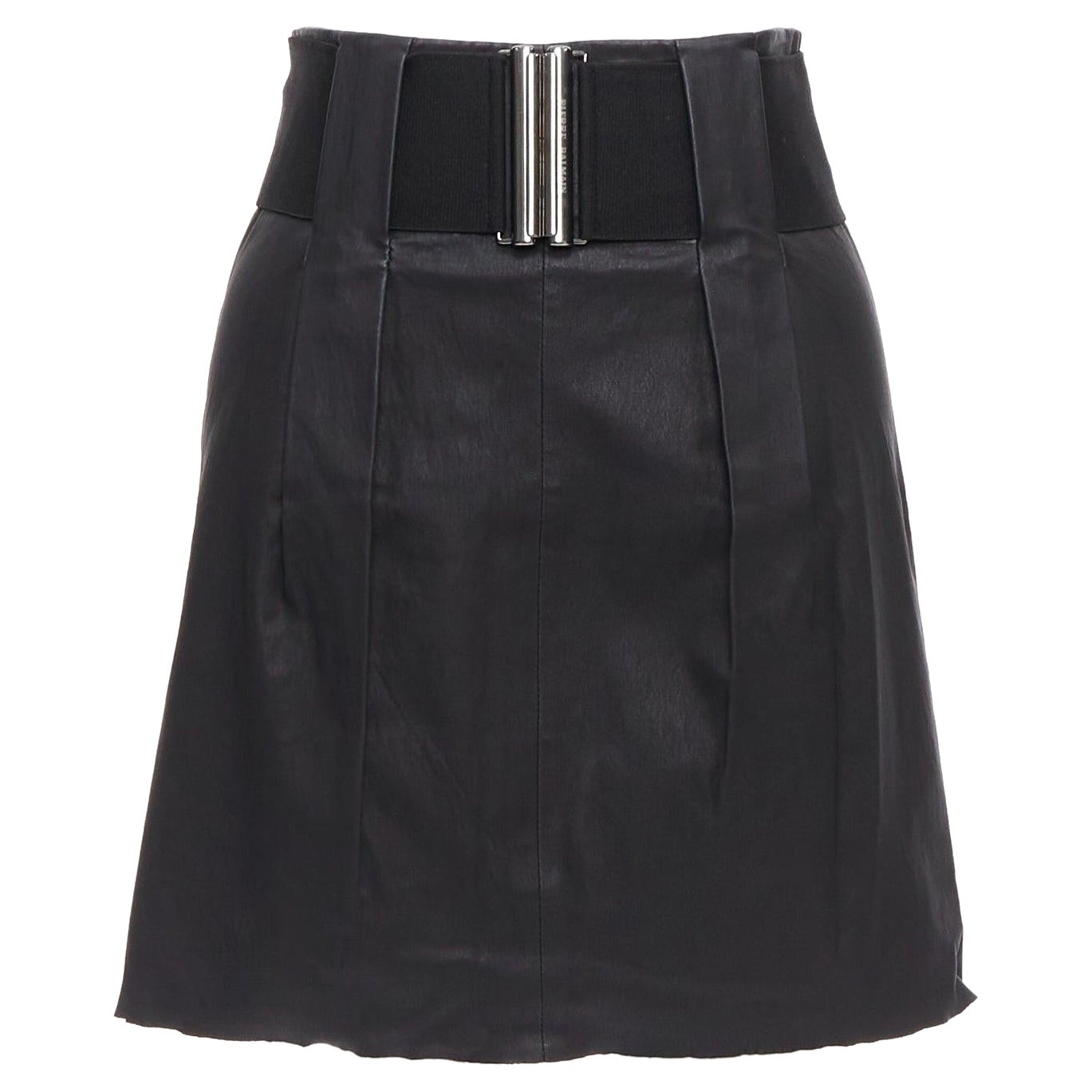 PIERRE BALMAIN Vintage black leather wide logo elastic belt A-line skirt FR38 M For Sale