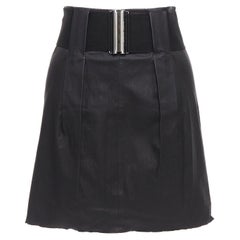 PIERRE BALMAIN Vintage black leather wide logo elastic belt A-line skirt FR38 M