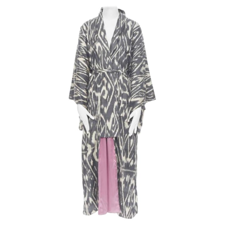 OSCAR DE LA RENTA SS19 Runway brown black leopard pink silk lined kimono L