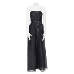 OSCAR DE LA RENTA 2014 black metallic silk blend corset bust belted jumpsuit US2