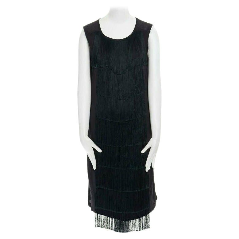runway DRIES VAN NOTEN 2013 black fringe trim silk flapper dress FR38 US6 S